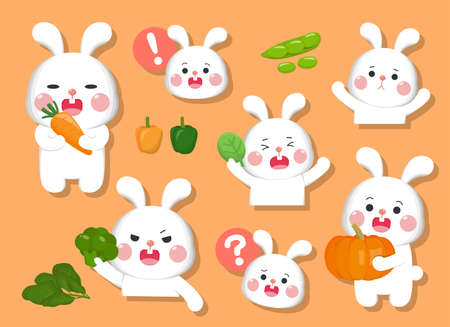 Cartoon comic illustration rabbit emoji with various vegetables setのイラスト素材