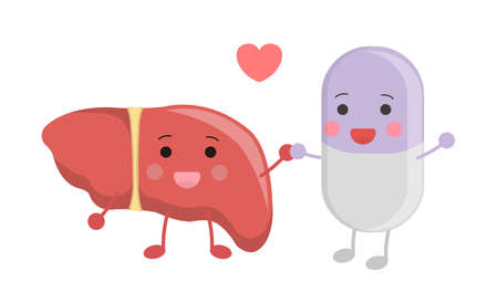 Healthy liver, with purple capsule, peaceful coexistence, illustration icon cartoon character,...