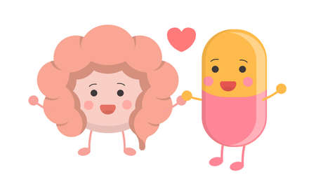 Healthy intestines, with yellow, pink capsules, peaceful coexistence, illustration icon cartoon character, vector flat design, isolated on white backgroundのイラスト素材