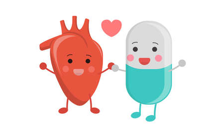 Healthy heart, with green capsule, peaceful coexistence, illustration icon cartoon character, vector flat design, isolated on white backgroundのイラスト素材