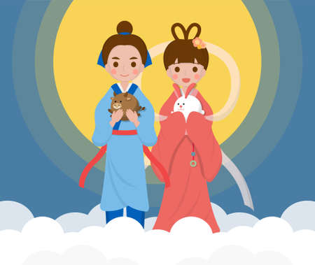 Chinese Festival, Chinese Qixi Festival, Qixi Festival, cartoon illustration "Cowherd and Weaver Girl", Chinese Valentine's Dayのイラスト素材