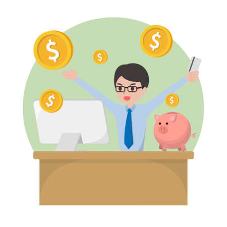 Handsome man using computer to make money, financial business office vector design cartoon illustrationのイラスト素材