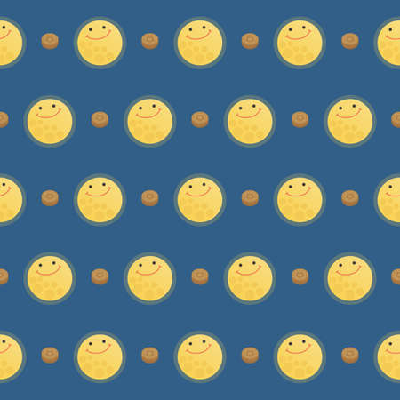 Mid-autumn festival moon and moon cake seamless continuous background image, illustration, vector, cartoon, isolated on blue backgroundのイラスト素材