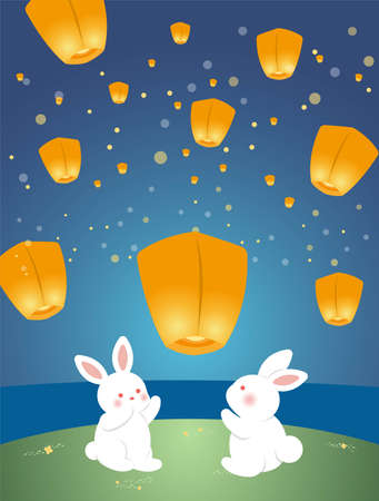 Mid-autumn festival, cute rabbits put sky lanterns, cartoon, illustration, vectorのイラスト素材