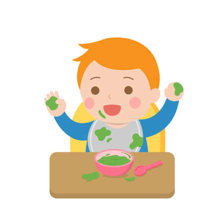 Cute baby eating, dirty, daily life, cartoon vector illustration, set, isolatedのイラスト素材