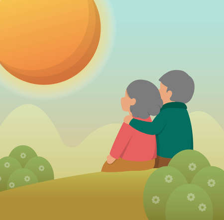 Elderly couple sitting on the hillside, cartoon comic vector illustration, card, backgroundのイラスト素材
