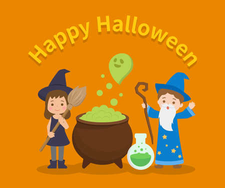 Cute children in Halloween costumes, witches and wizards, cartoon comic vector illustrationのイラスト素材
