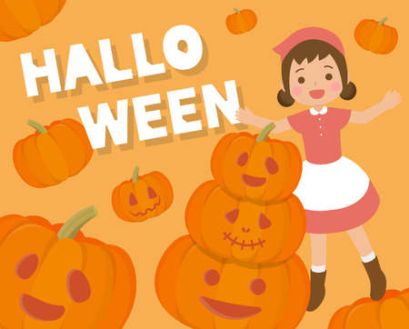 Halloween girl with pumpkin poster, card graphic design, cartoon comic vector illustrationのイラスト素材
