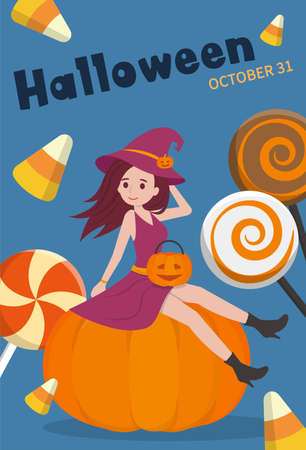Halloween witch with candy poster, card graphic design, cartoon comic vector illustrationのイラスト素材