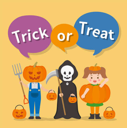 3 cute children's Halloween costumes, trick or treat without sugar, cartoon comic vector illustrationのイラスト素材