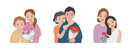 Mother's Day comic characters vector illustration, mother and daughter with son celebrating holiday with carnation setのイラスト素材