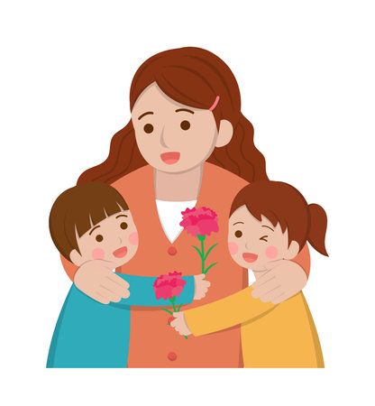 Mother's Day comic characters vector illustration, mother and daughter with son celebrating holiday with carnationのイラスト素材