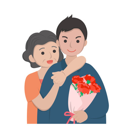 Card for mothers day comic characters vector illustration, mother and son celebrating holiday with carnationsのイラスト素材
