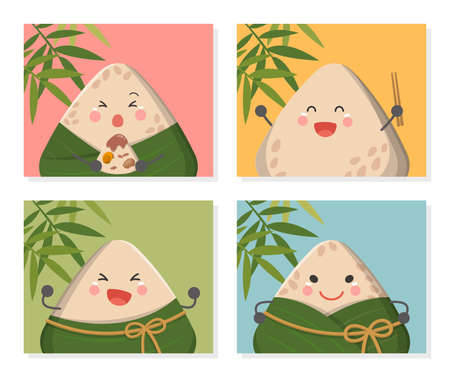 4 lovely traditional Chinese foods: cartoon characters and mascots of zongzi, Dragon Boat Festivalのイラスト素材