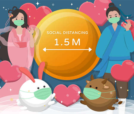 Valentine's Day in Asia, East and China: Tanabata, the Cowherd and the Weaver Girl Legend characters keep social distance, cartoon comic vector charactersのイラスト素材