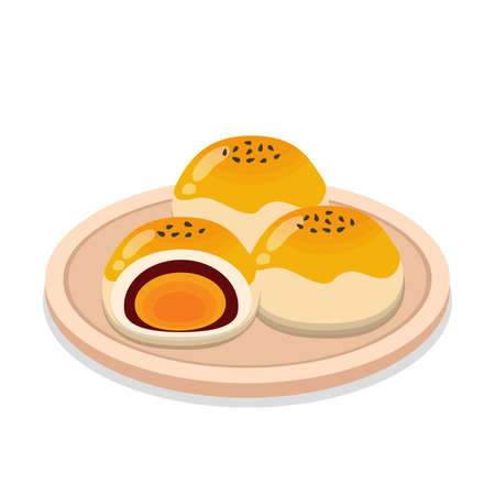 Half of Chinese moon cake, food illustration, dessert made from egg yolk, Mid-autumn festival dessert, vector illustration icon cartoon isolatedのイラスト素材