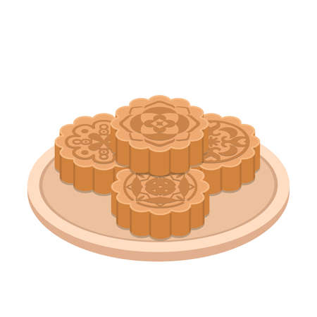 Chinese moon cake with plate, food and dessert illustration, Mid-autumn festival dessert, vector illustration icon cartoon isolatedのイラスト素材