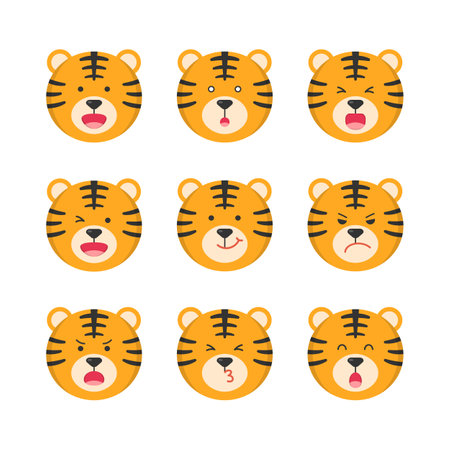 9 kinds of tiger cartoon comic characters or mascots, multiple expressions, isolated on white backgroundのイラスト素材