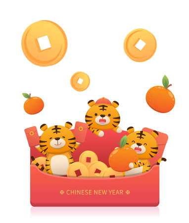 Cartoon comic vector of 3 cute and happy tiger characters for Chinese New Year, rich with a lot of gold coins and red envelopeのイラスト素材