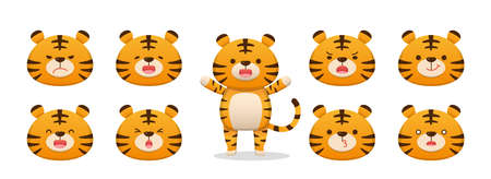 9 cute tiger characters with emoticons, characters, mascots, cartoon characters, comic characters, vector setのイラスト素材