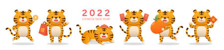 6 cute tiger characters for Chinese New Year with emoticons, emotions, roles, mascots, cartoon characters, comic characters, vector setのイラスト素材