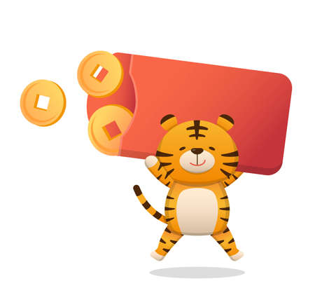Cute tiger with red envelope full of money, Chinese New Year elements, text translation: Springのイラスト素材