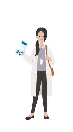 Female paramedic medical worker with medicine isolated on white background, cartoon comic vector characterのイラスト素材