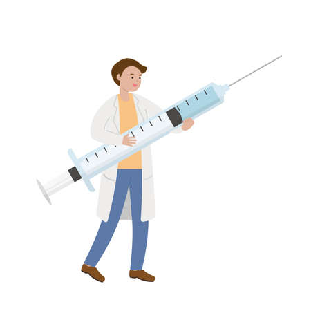 Male doctor medical worker with syringe with vaccine isolated on white background, cartoon comic vector characterのイラスト素材