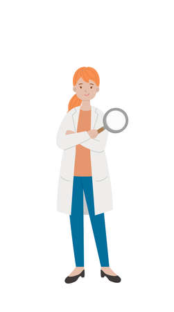 Female paramedic medical worker with magnifying glass isolated on white background, cartoon comic vector characterのイラスト素材