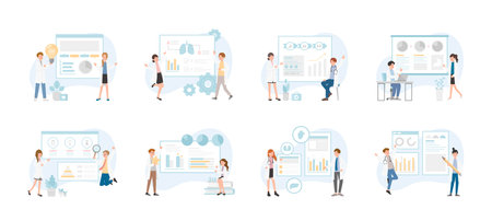 Set of paramedics or medical experts or scientists pointing at presentation boards, chart icons, vector set of abstract graphic elements, data statistics, infographics, analysis toolsのイラスト素材