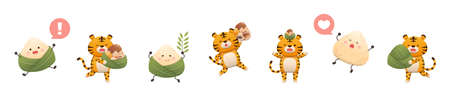 Glutinous rice wrapped in bamboo leaves: Zongzi and tiger cute and playful cartoon mascot happy to celebrate Chinese Dragon Boat Festivalのイラスト素材
