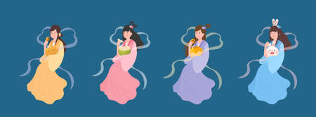 8 cute rabbit character mascots, orange lanterns or sky lanterns, traditional for Chinese New Year or Mid-Autumn Festivalのイラスト素材