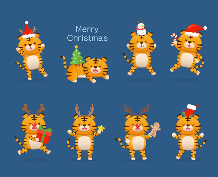 Set of cute bear and rabbit and tiger character mascots with christmas elements and dress up, happy celebration, vector cartoon styleのイラスト素材