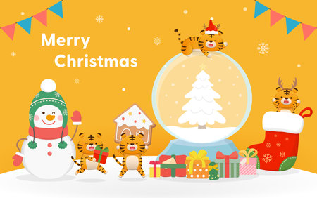 Orange christmas greeting card, cute tiger and snowman character mascot, snowball and gift box, merry christmas and new year, vector cartoon styleのイラスト素材