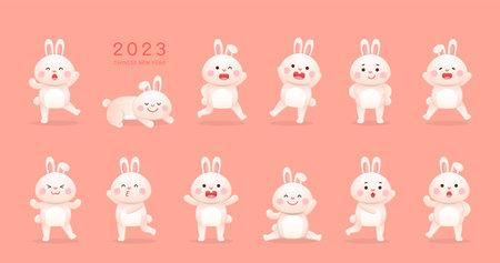 Cute rabbit character or mascot with tangerine, Chinese New Year, Year of the Rabbit, vector cartoon style, Chinese translation: Auspiciousのイラスト素材