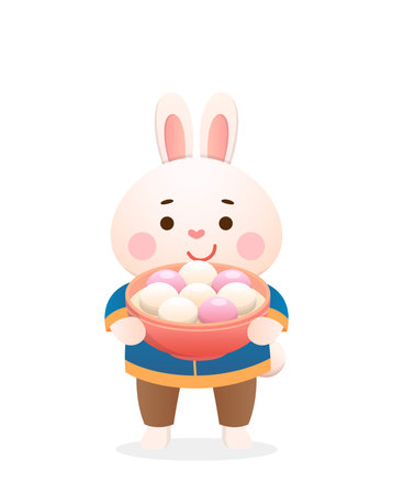 Cute rabbit character or mascot with glutinous rice dumplings, Chinese New Year or Lantern Festival, Year of the Rabbit, vector cartoon styleのイラスト素材