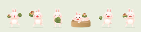 6 kinds of cute rabbits and Chinese Dragon Boat Festival traditional food Zongzi, glutinous rice wrapped in bamboo leavesのイラスト素材