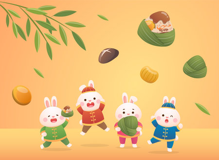 Yellow Dragon Boat Festival greeting card design, playful rabbit mascot and glutinous rice food dumplings, happy to celebrate the holidayのイラスト素材