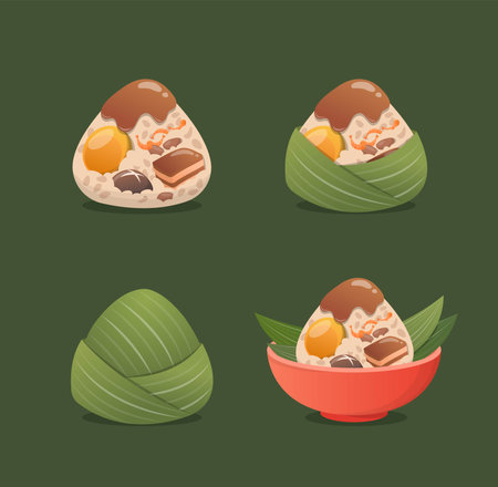 A set of Zongzi set for the Dragon Boat Festival, a traditional Asian festival, glutinous rice food wrapped with bamboo leaves, delicious fillings and saucesのイラスト素材