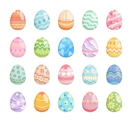 Set of colorful easter eggs isolated on white background, decorative painting with paints and design, vector cartoon styleのイラスト素材