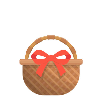 Wicker basket with red decorative ribbon, rustic and picnic with Easter elements, vector cartoon illustration or iconのイラスト素材