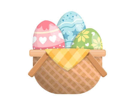 Wicker basket with easter eggs isolated on white background, colorful eggs, vector cartoon styleのイラスト素材