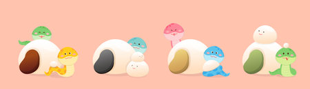 Cute snake character or mascot, glutinous rice dumplings for Lantern Festival or Winter Solstice, Asian sticky rice dessert with flavors and fillings, vector cartoon styleのイラスト素材