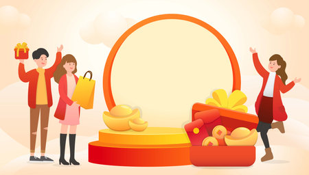 Family and friends celebrating Chinese New Year, circular frame template with stage, gifts with ingots and gold coinsのイラスト素材