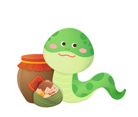 Green spotted playful snake with wine barrel and Chinese traditional food glutinous rice, illustration or iconのイラスト素材