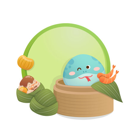 Round green template with snake and zongzi cartoon characters, commercial advertising templateのイラスト素材