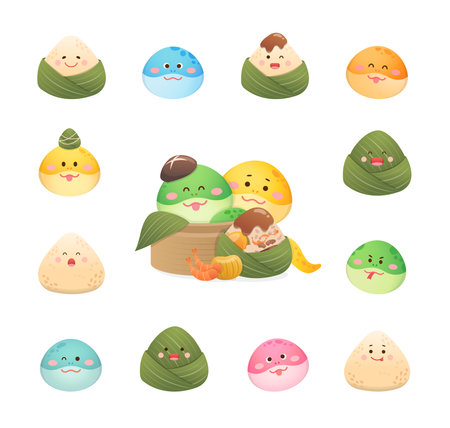 Snake and glutinous rice mascots for the Dragon Boat Festival, a collection of avatars with various playful expressionsのイラスト素材