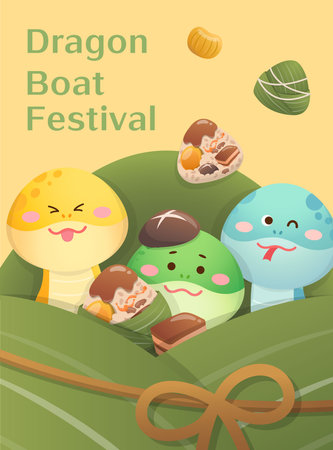 Chinese Dragon Boat Festival, playful snake cartoon mascot and sticky rice traditional food, illustration and posterのイラスト素材