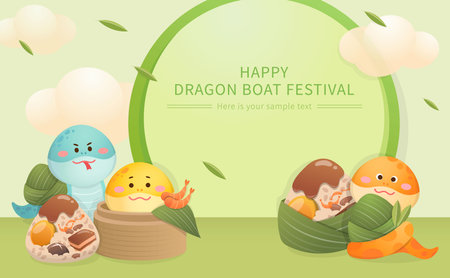 Round frame advertising poster, Chinese Dragon Boat Festival with rice dumplings and playful snake mascotのイラスト素材