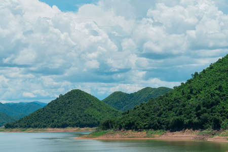 Lake view with mountain at Kaeng Krachan Dam, Phetchaburi, Thailandの写真素材